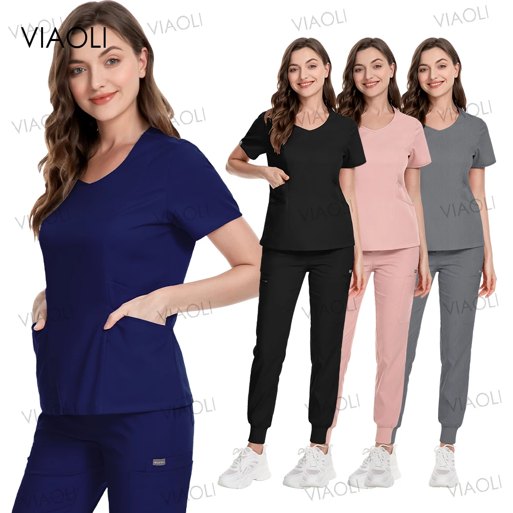 

Women Beauty Uniforms Elastic Medical Scrub Set Breathable Fashion Clinical Workwear Nurse Accessories Summer Tops Pockets Pants