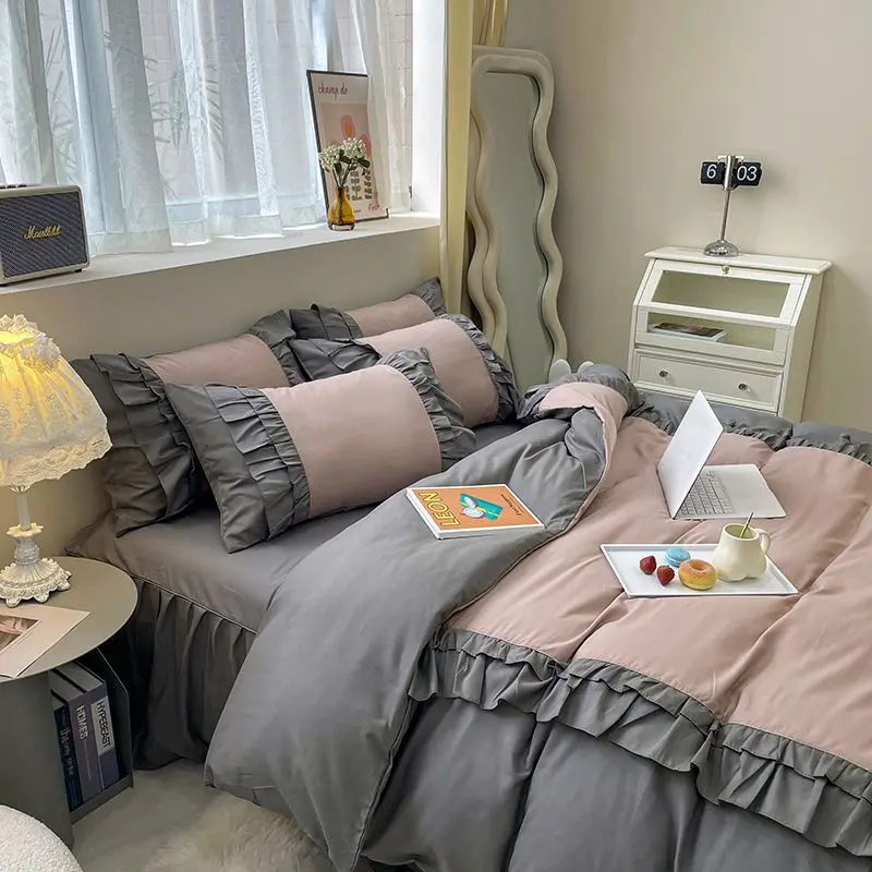 

Korean Style Simple Solid Color Washed Cotton Lace Bed Skirt 4-piece Home Double Bed Suit High Quality Soft Breathable Bedding