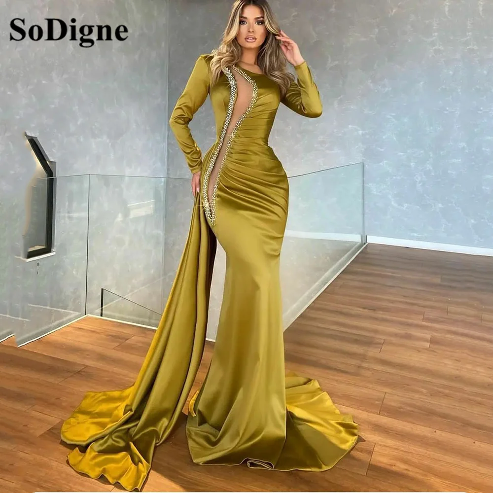 

SoDigne Mermaid Saudi Arabia Caftan Long Sleeves O Neck Party Dress Sexy Split Dubai Prom Gowns Beads With Skirt Evening Gowns