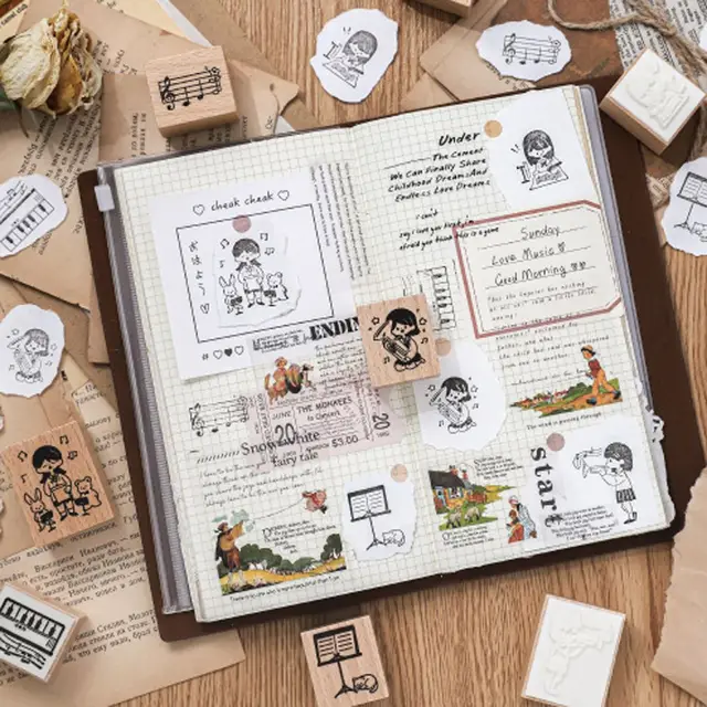 Vintage Music Series Wood Stamps DIY Craft Wooden Scrapbooking Stationery Scrapbooking Standard Rubber Stamp Gifts 6