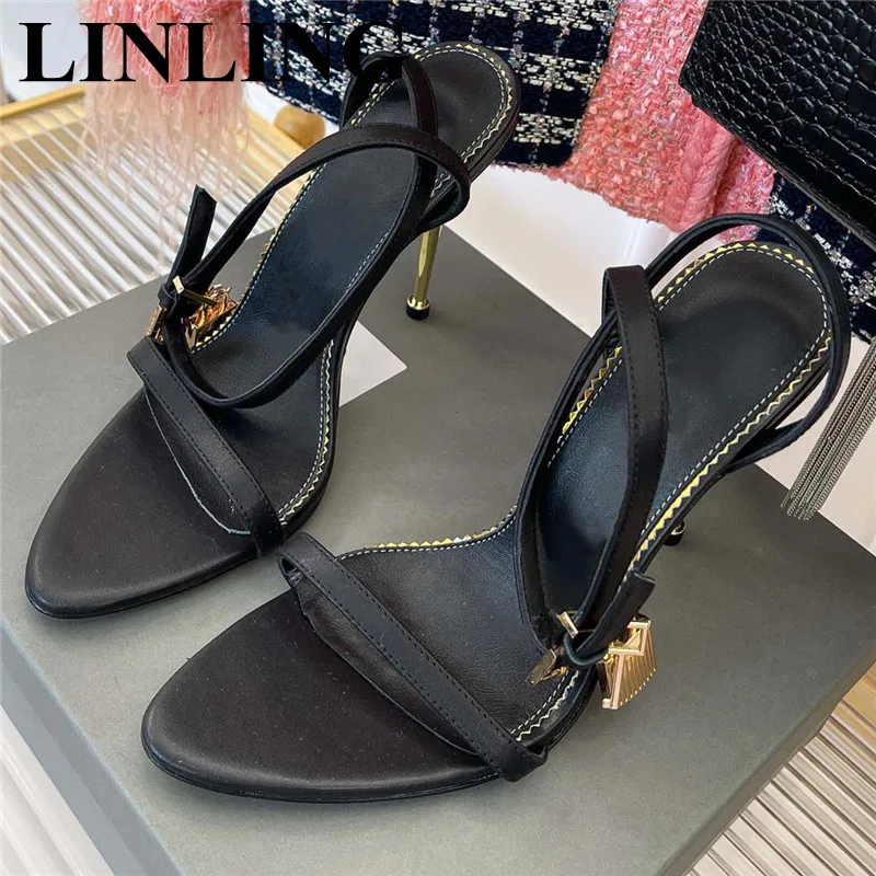 

Fashion Padlock High Heels Sandals Women Metal Decoration Gladiator Sandals Leather Summer Pumps Ankle Strap Party Shoes Woman
