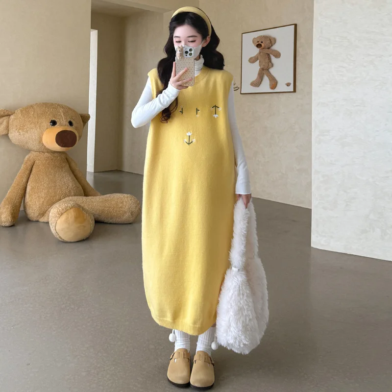 2025년 신상 가을 겨울 임부복 패션 젠틀 스타일 베스트 드레스 긴팔 이너 투피스 세트 컬러 블록