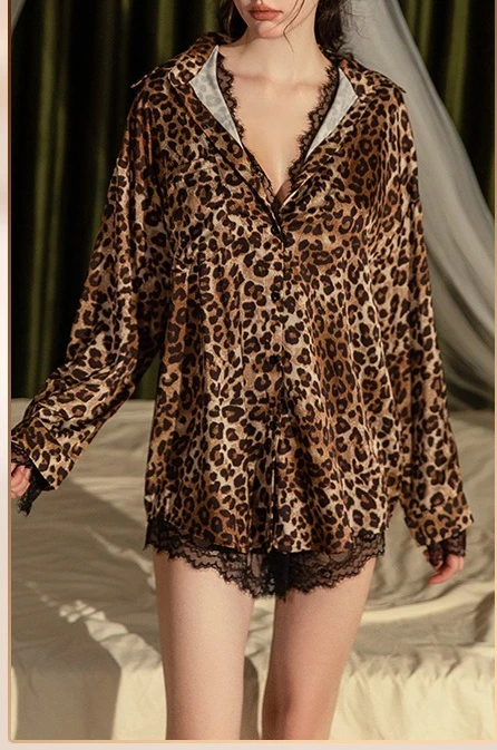 Sexy plus-size pajama set with lace overlay and fake two-piece design, loose white shirt style home wear