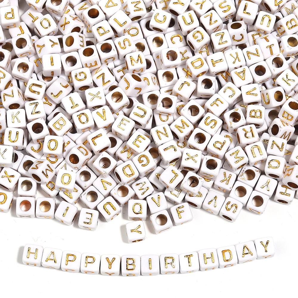 Cube Acrylic Beads 100Pcs/Lot 4.5mm 6mm Alphabet Gold Letter Spacer Loose Beads For DIY Crafts Ornament Making Finding Accesso