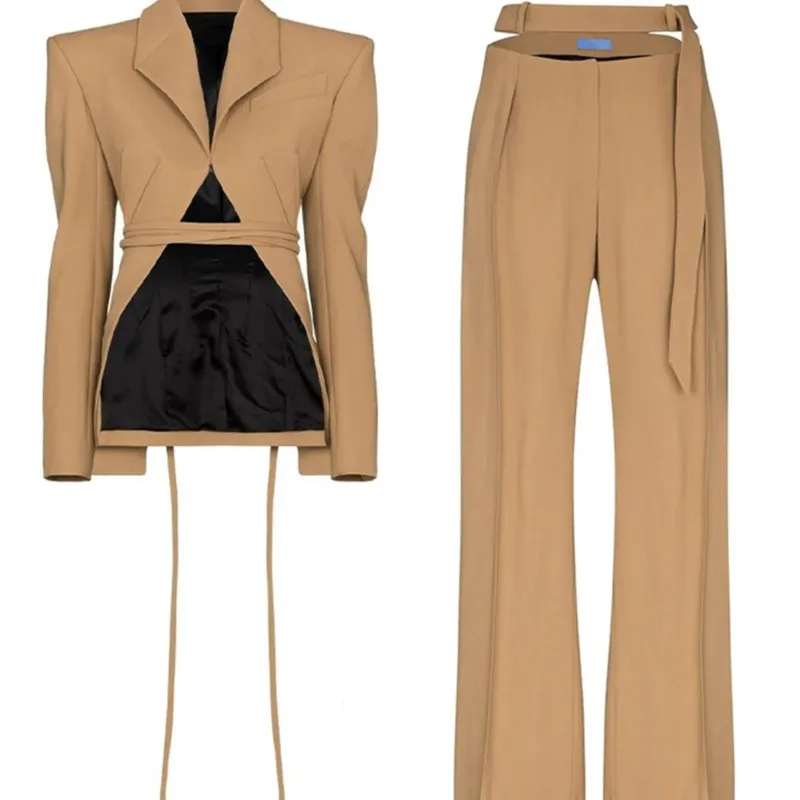 

Women Two-piece Suit Tethered Wide-shouldered Blazer Hollow Out Straight-leg Pants Loose Casual Office Lady Clothes Summer 2023