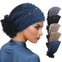 New Elegant Lace Embroidered Floral Beaded Turban Hat Muslim Chemo Cap Islamic Headwear Bonnet Ready to Wear Female Head Wraps
