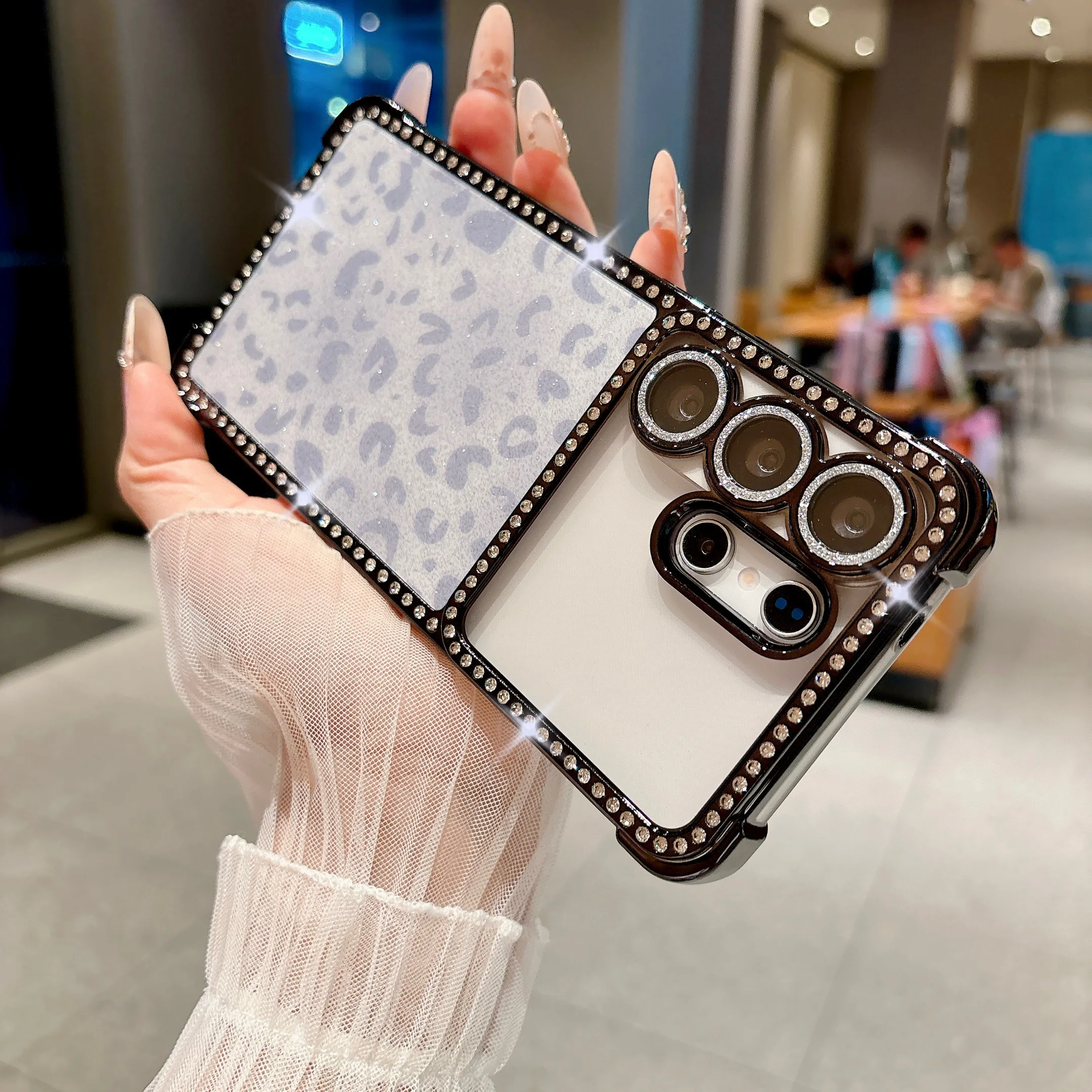 Glitter Diamond Leopard Print Phone Case with Lens Protection and Plating Shockproof Cover