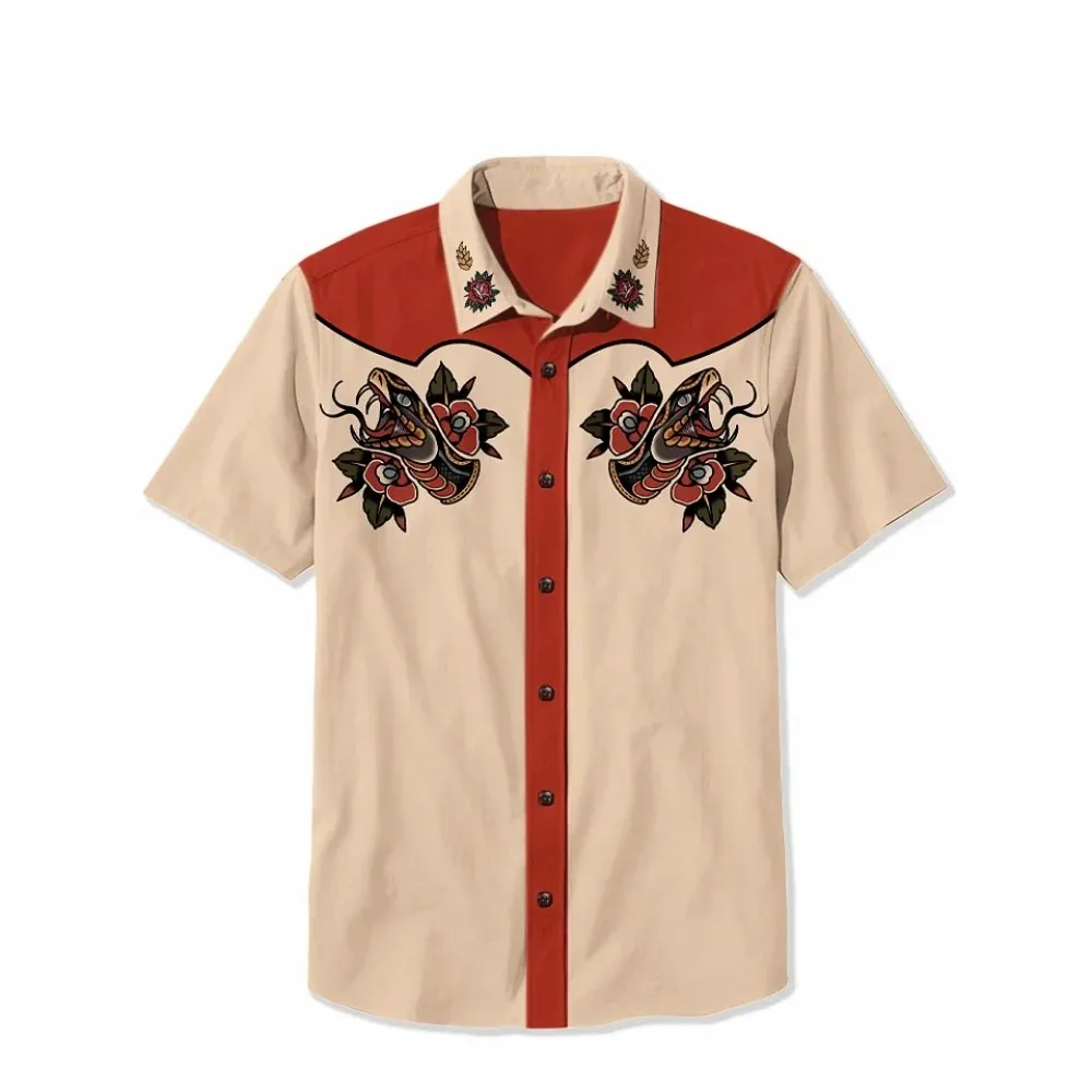 Retro Tattoo Cotton Shirts Men's Hawaiian Shirt Summer Short Sleeve Button Down Casual Shirt Classic Holiday Beach Tops