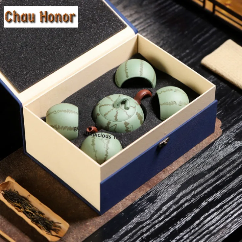 290ml Luxury Yixing Purple Clay Teapots Handmade Watermelon Pot Raw Ore Bean Green Mud Kettle Zisha Tea Set Cha Accessories Gift
