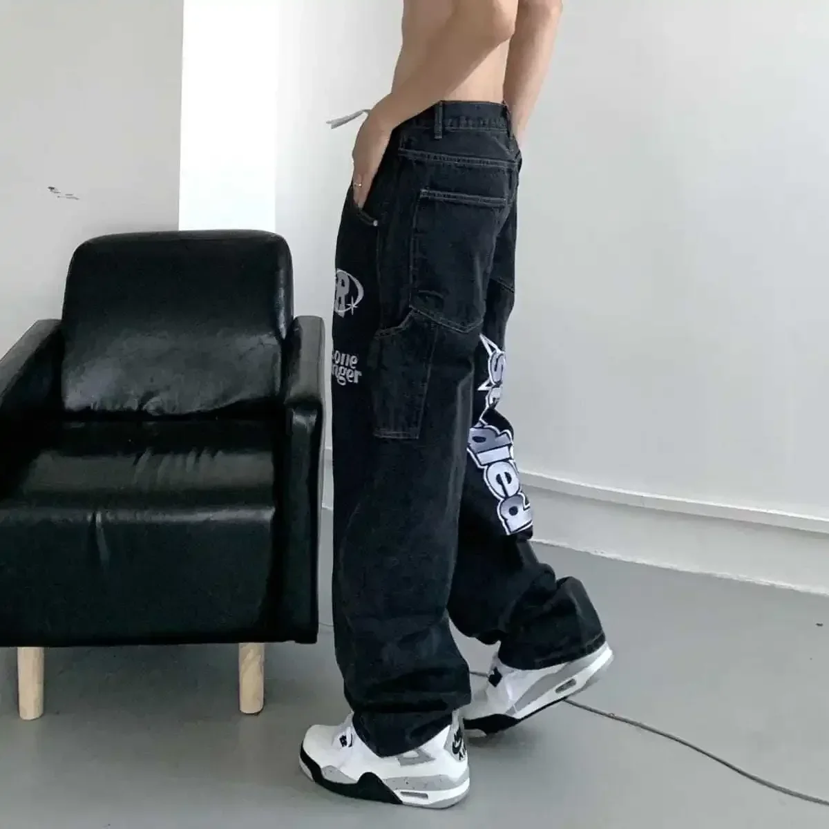 Men's Jeans Autumn New Vintage Hip Hop Letter Printing Loose Straight Leg Wide Leg Pants