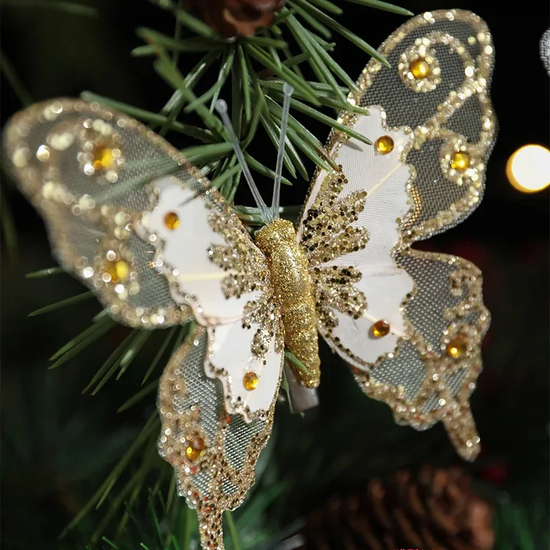 Christmas Tree Decoration Butterfly Hanging Pendant Glitter Red Gold Ornament for Navidad Noel New Year Home Party Decor