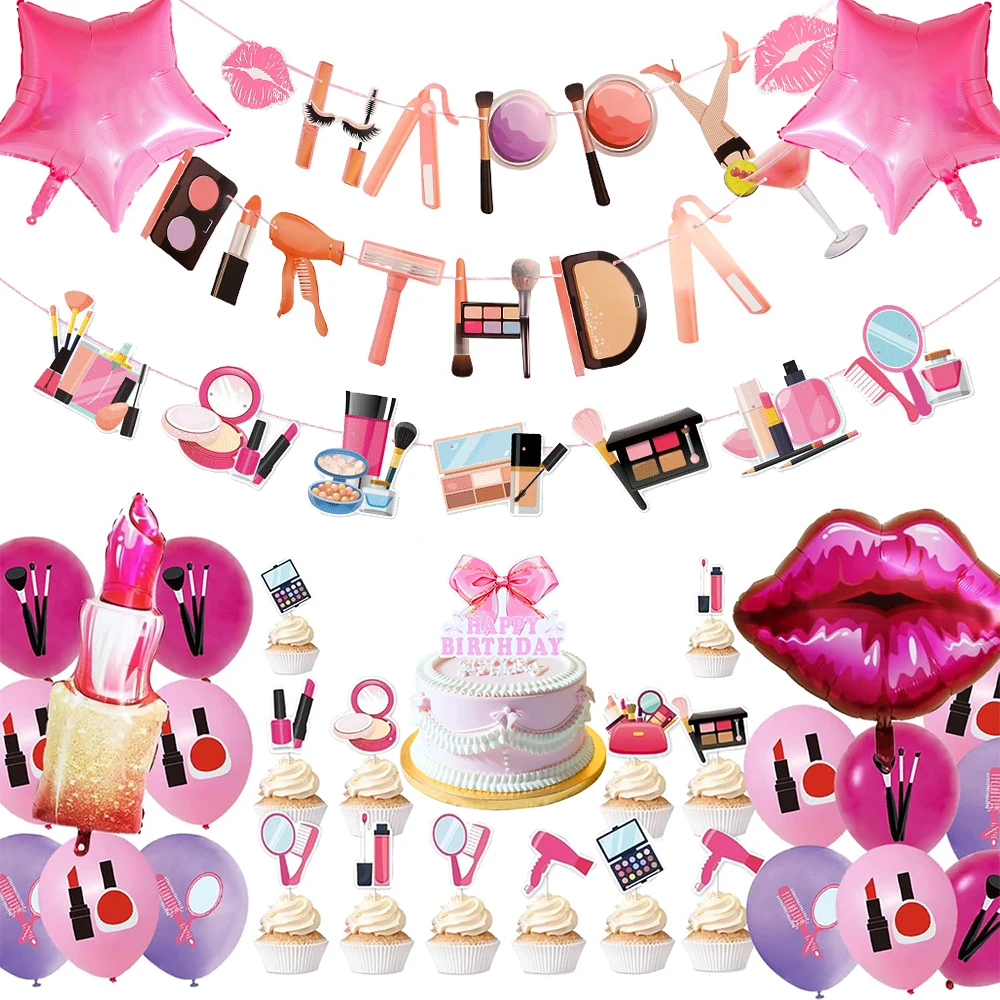 Spa Makeup Party Decorations Happy Birthday Banner Balloons Cake Topper for Girls Women Makeup Birthday Spa Party Decor Supplies