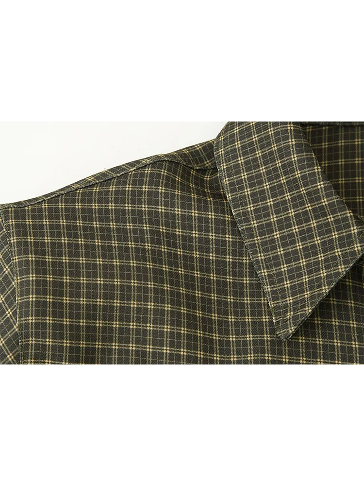 Women Plaid Shirt Vintage Single Breasted Shoulder Pad Turn-down Collar Long Sleeve Pocket Shirt A Office Lady Autumn Blouse