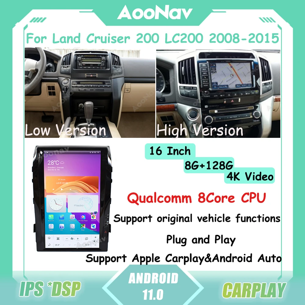 

16 inch Android 11 Car Radio For Toyota Land Cruiser 200 LC200 2008 2009 2010-2015 Tesla Style GPS Navigation Player Multimedia