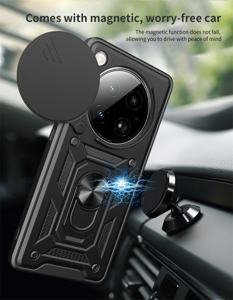 Enhanced Protective Armor Case with Slide Lens Camera Guard and Magnetic Holder Ring Cover