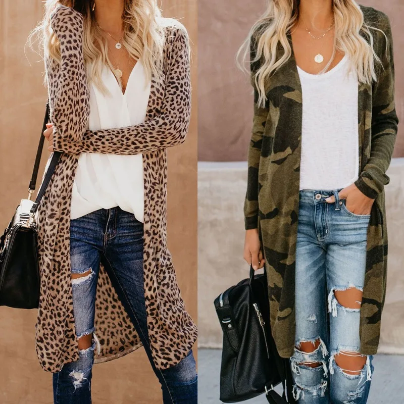 

2023 Fashion Camouflage Leopard Snake Print Long Sleeve Cardigan Mid-length Slim Blouse Long Slime Women Cardigan Coat Women