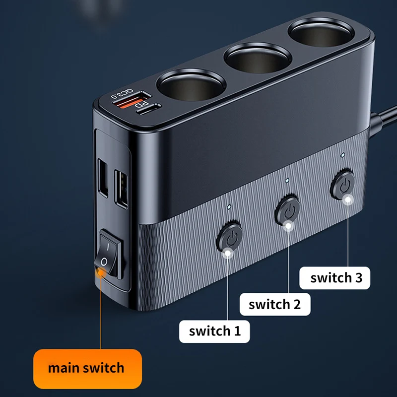 SAEMETAL 128W Car Phone Charger Cigarette Lighter Adapter PD30W QC3.0 Multi Ports Quick Charge USB Charging Socket with Switch 4