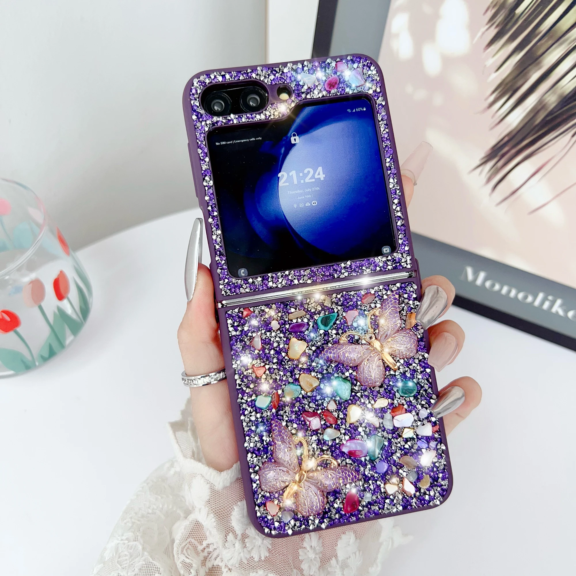 Per Samsung Galaxy Z Flip 3 4 5 6 Custodia per telefono con cinturino a farfalla in pietra colorata e cristallo scintillante elegante e carina_voghion.com