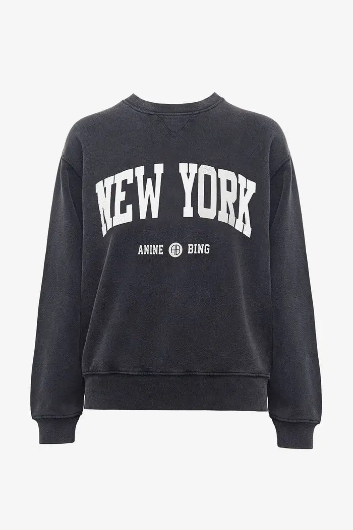 Letter Print Cotton Sweatshirt  Women’s French look Crewneck Long sleeves Letters Printed Wash Water Fried Snow Black Gray Youthful Sweatshirts for Woman Round o-neck crew neck Womens New York Annie Bing Dark grey