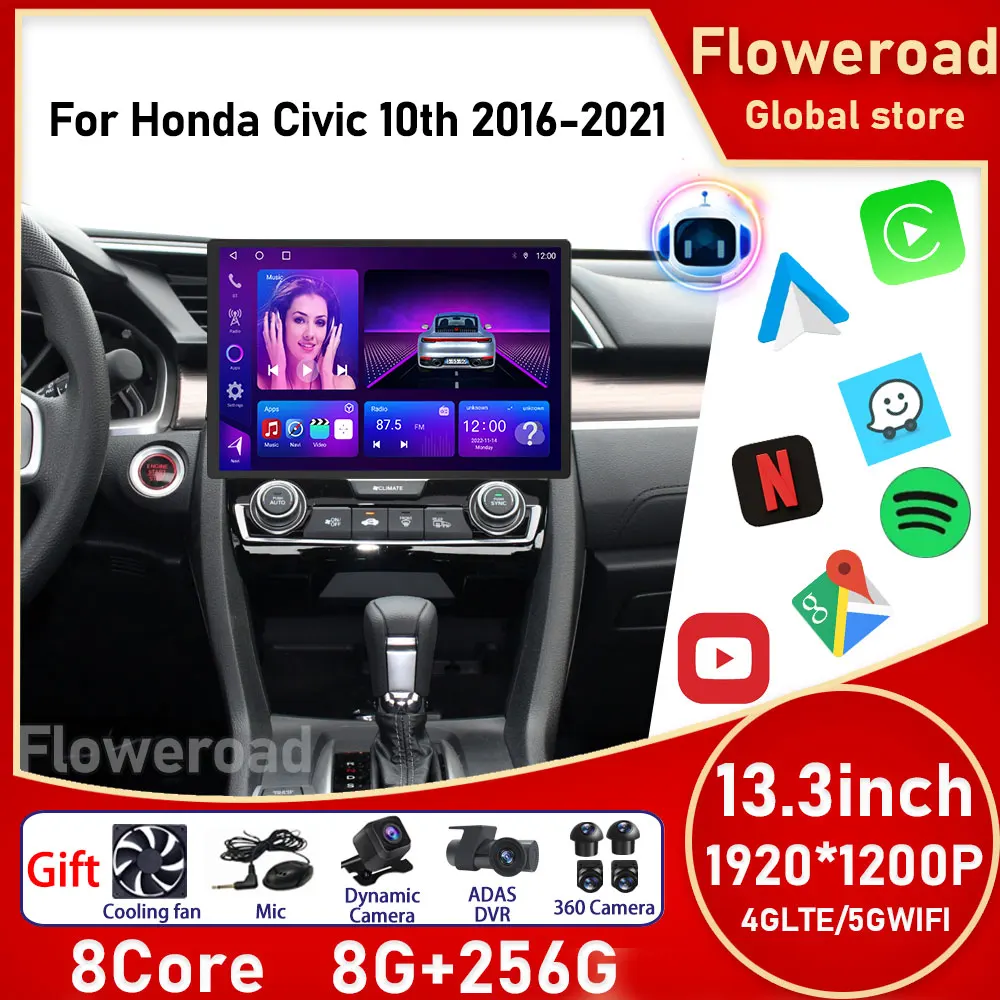 

Автомобильный мультимедийный плеер, 13 дюймов, QLED, 1920*1200, Android, для Honda Civic 10, 2016-2021, DSP, навигация, GPS, Carplay, ТВ