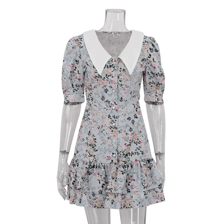Printed Ruffled V-Neck Mini Dress Female Short Sleeve Fashion Slim High Waist Elegant Party Dress Women's Summer Dress New