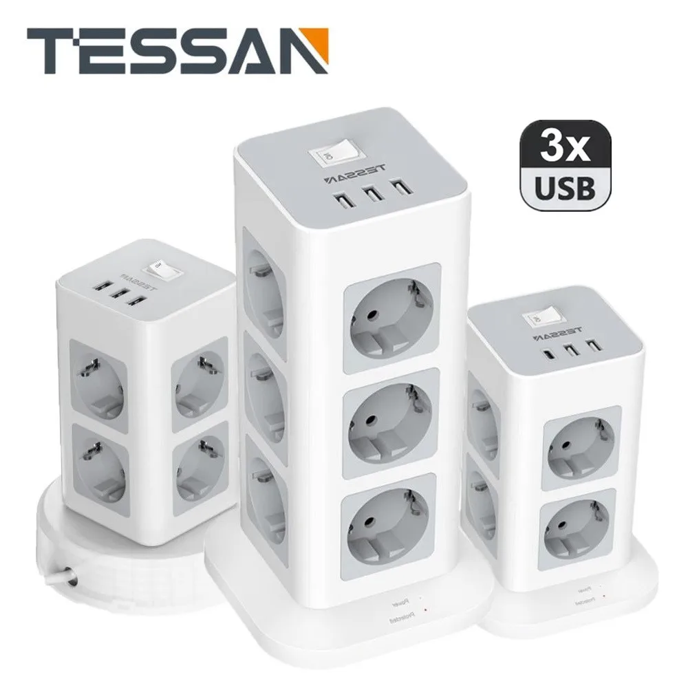 Tessan Multipresa Ciabatta Con Porte Usb Cavo Di Prolunga Da 2M Spina Verticale Presa Elettrica A Torre Protezione Contro Le Sovratensioni Per La Casa