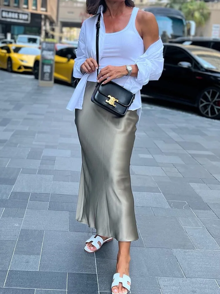 HH TRAF Women\'s Midi Skirt High Waisted Solid Sexy Satin Dress Tight Chic Elegant Women Mermaid Long Skirt Casual Bodycon Skirt