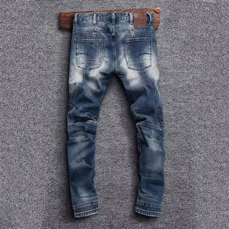 High Street Fashion Men Jeans Retro Blue Stretch Slim Fit Spliced Designer Biker Jeans Homme Patched Hip Hop Denim Pants Hombre