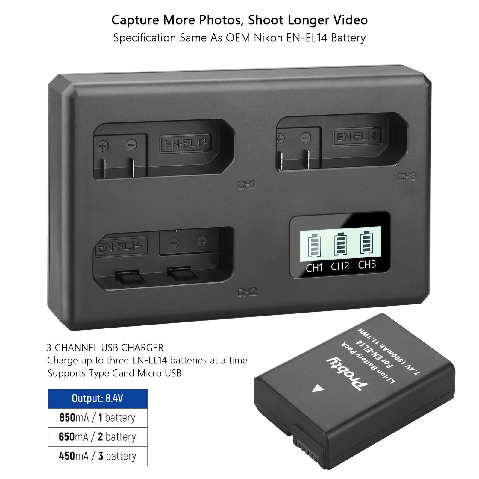 Triple Slot Battery Charger for Nikon EN-EL14/EN-EL14a Batteries
