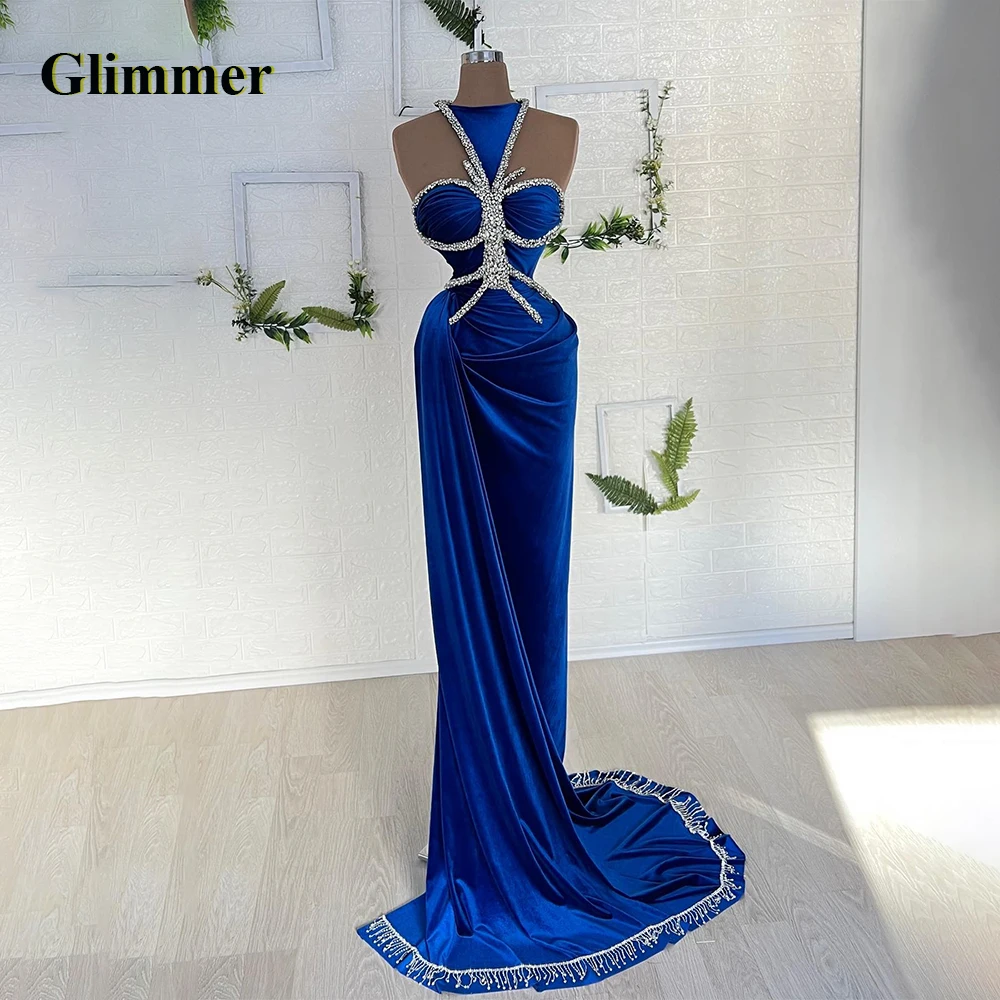 

Glimmer Graceful Halter Evening Dresses Satin Rhinestones Sleeveless Backless Pleat Brush Train Robes De Soiree Custom Made