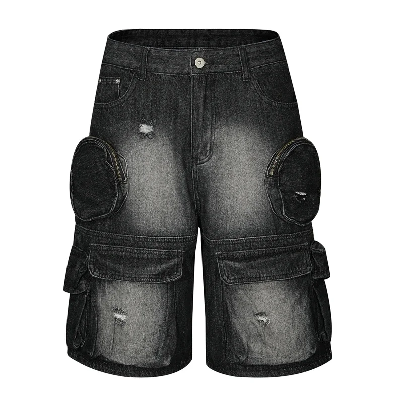 Denim Cargo Shorts Men Vintage Loose Baggy Multi-pockets Washed Streetwear Handsome Personality Summer American Fashion Hombre
