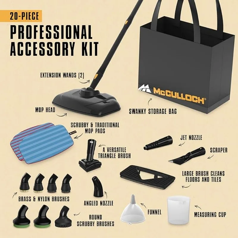 McCulloch MC1375 Canister Steam Cleaner with 20 Accessories, Extra-Long Power Cord, Chemical-Free Cleaning for Most Floors 3