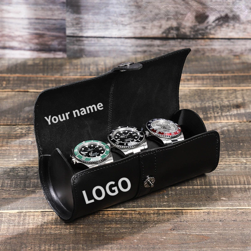 

All Black 3slots 1 Watch Pillow COW LEATHER Free Customization of Logo or Name Festival Couples' Relatives Watch Storage Gift
