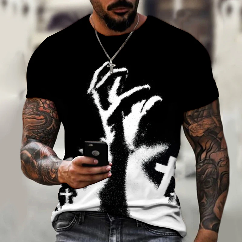 Camiseta de manga curta grande masculina, Deus, Religião, Cristo, Estampa Cruz de Jesus, gola redonda, moda casual, roupa de verão 7 Scbf8580d9a374c1e9cc240ecce5b43994