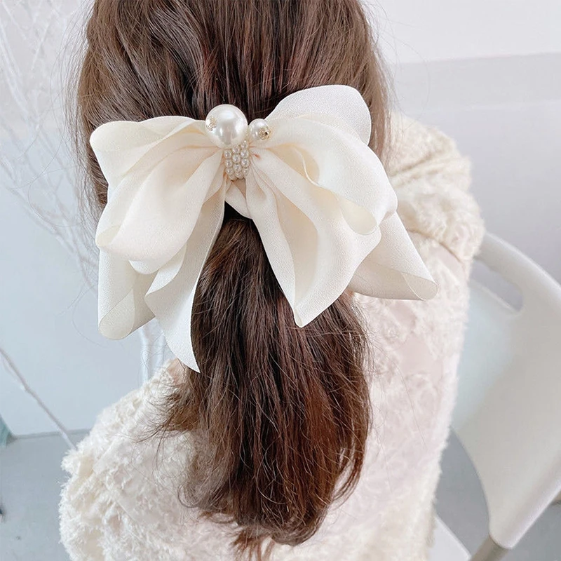 Large Satin Hair Bow with Pearl Rhinestone Center