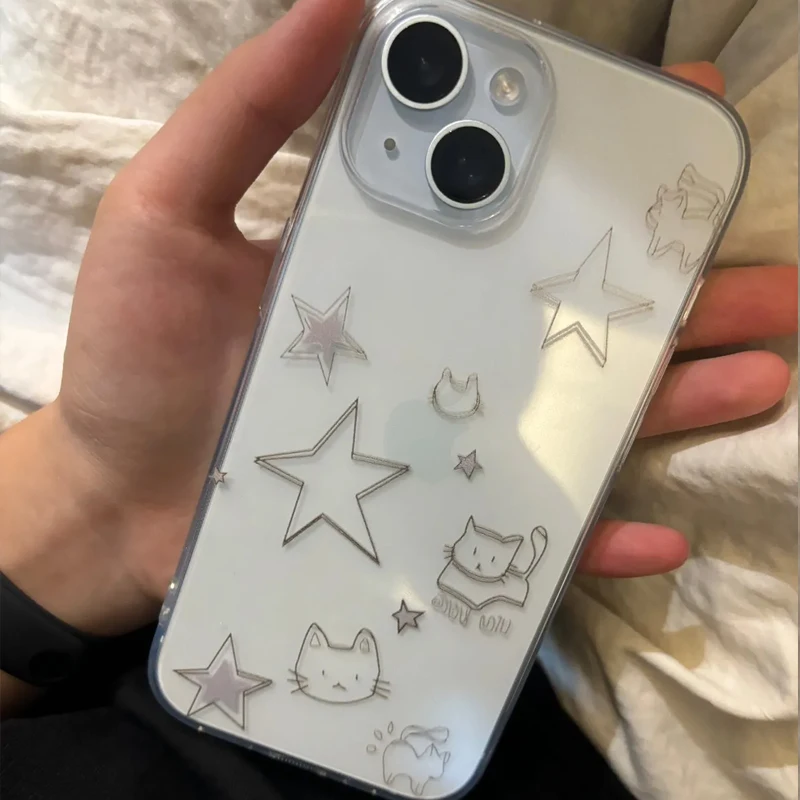 Charming Kawaii Cat & Stars Soft TPU Phone Case - Clear & Cute Design