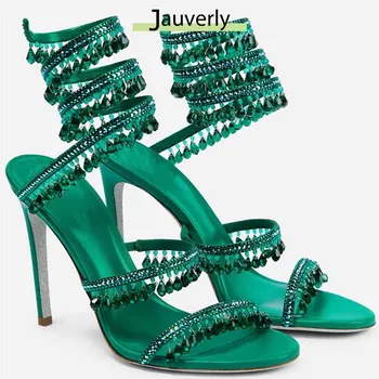 2026 Women's High Heels New Rhinestone Sandals Fashion Tassel Crystal Shoes Sexy Banquet Party Women's Large Sandals Size 34-46 1
