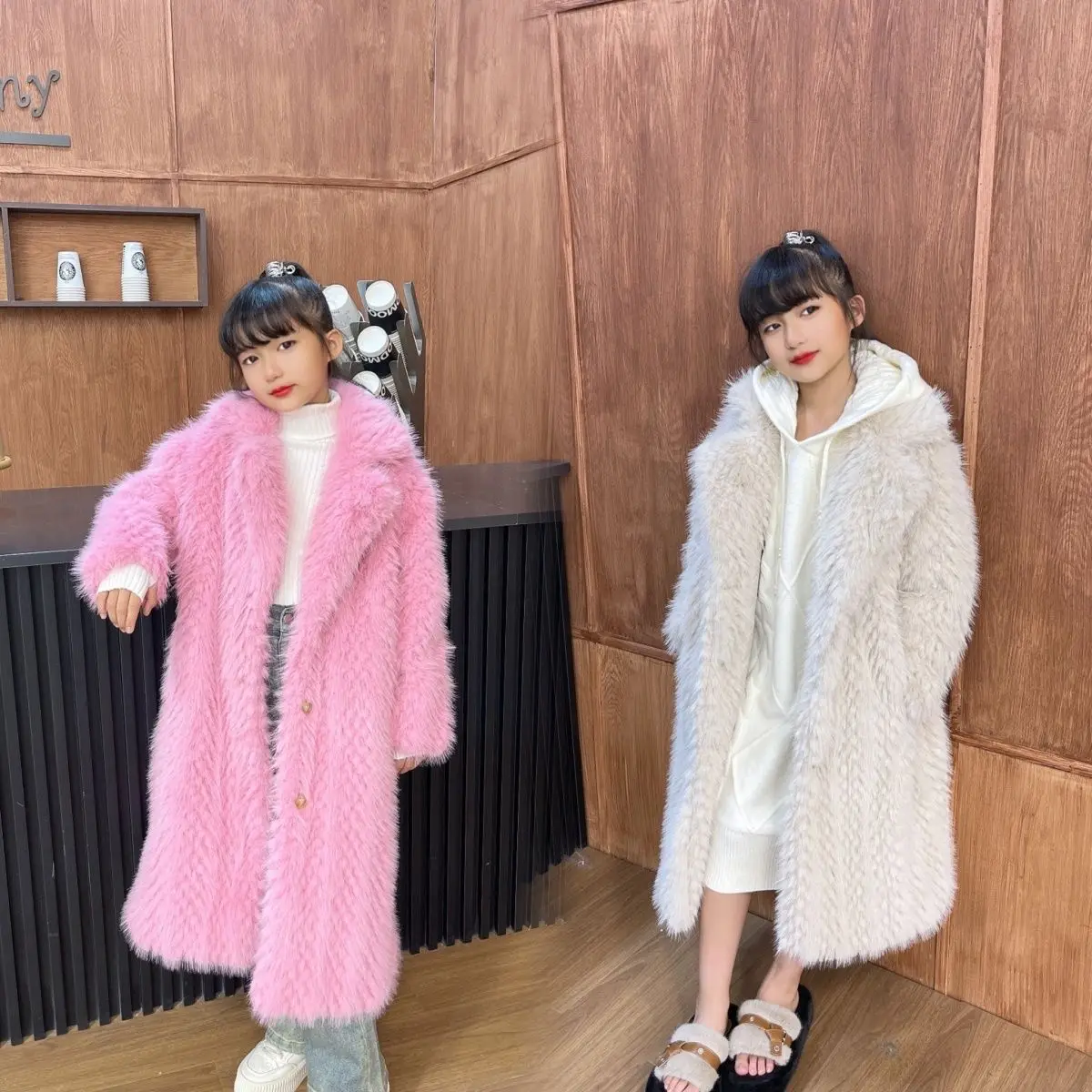 

2023 NEW Autumn Winter Children Faux Fur Woven Coat Girls Fox Fur Jacket Kids Clothes Long Sleeve Solid Color Outwear