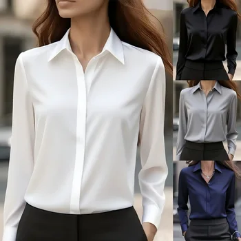 Women's Solid Color Long Sleeve Shirt - Versatile Basic Blouse, Classic Office Wear Tops 1