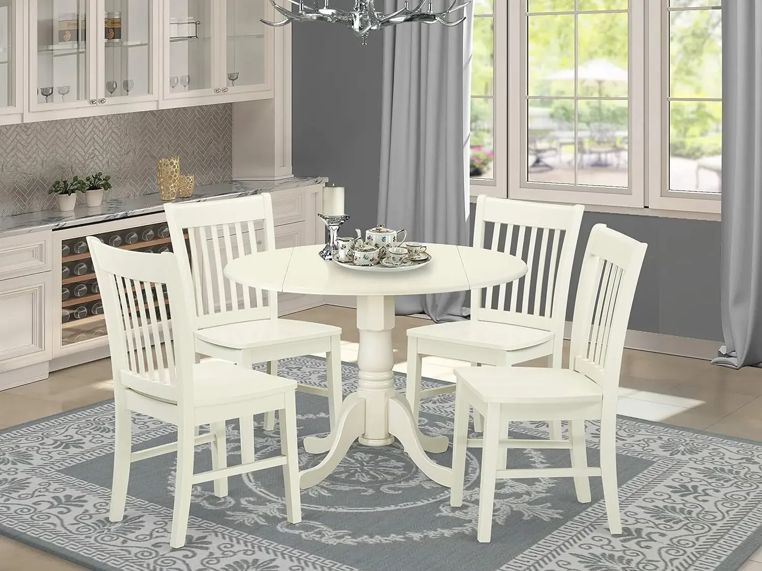 

5 Piece Set Includes a Round Dining Room Table with Dropleaf and 4 Kitchen Chairs, 42x42 Inch