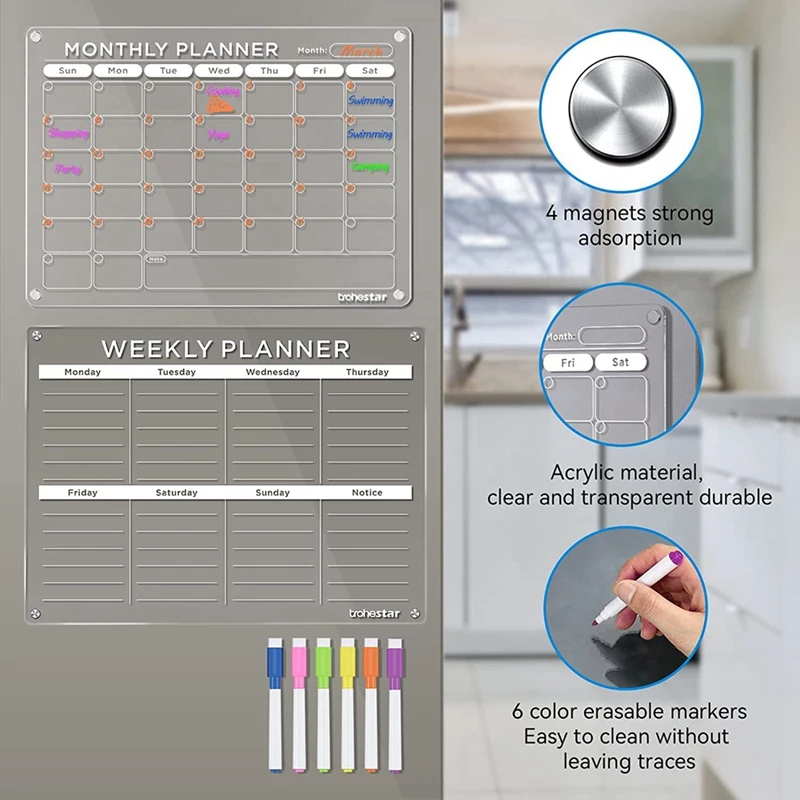 

Clear Fridge Calendar Dry Erase Magnetic Planning Boards Set Fit For Fridge Colorful Pen+Towel