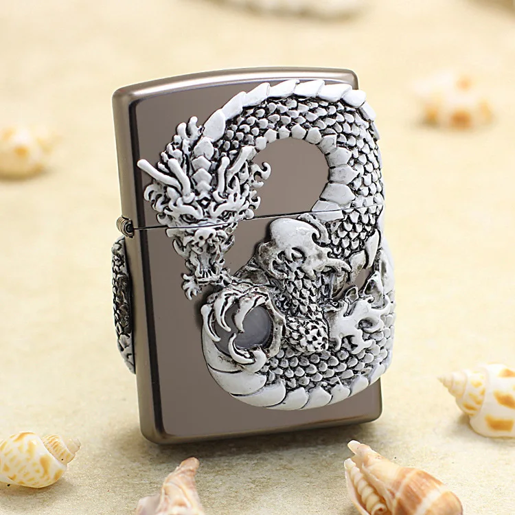 GenuineZippo3DSilverdragonoillightercopperwindproofKerosenelightersGiftwithanti