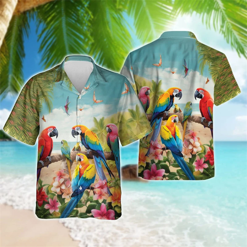 

Tropical Parrot 3D Printed Beach Shirt Hawaiian Flower Animal Shirts For Men Clothes Vacation Lapel Blouse Psittacine Bird Tops