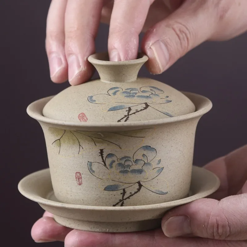 Jingdezhen Ceramic Gaiwan Bowl Chinese Style Stoneware Retro Tea Set Handmade Bubble Tea Bowl Travel Cup 150ml