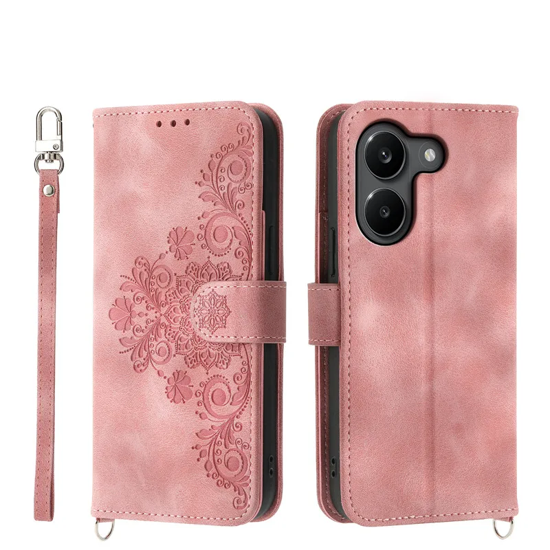 Leather Magnetic Phone Case with Floral Flip Wallet Design