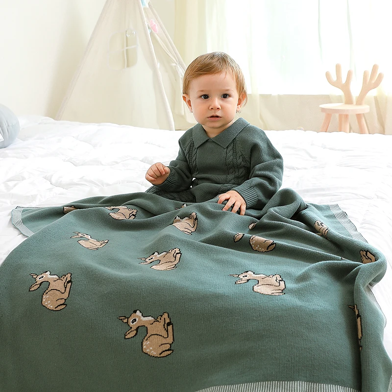 

Baby Clothes Set Cotton Knit Infant Boy Romper Long Sleeve +Blanket 100*80CM Newborn Solid Jumpsuit +Quilt Cute Deer Soft Covers