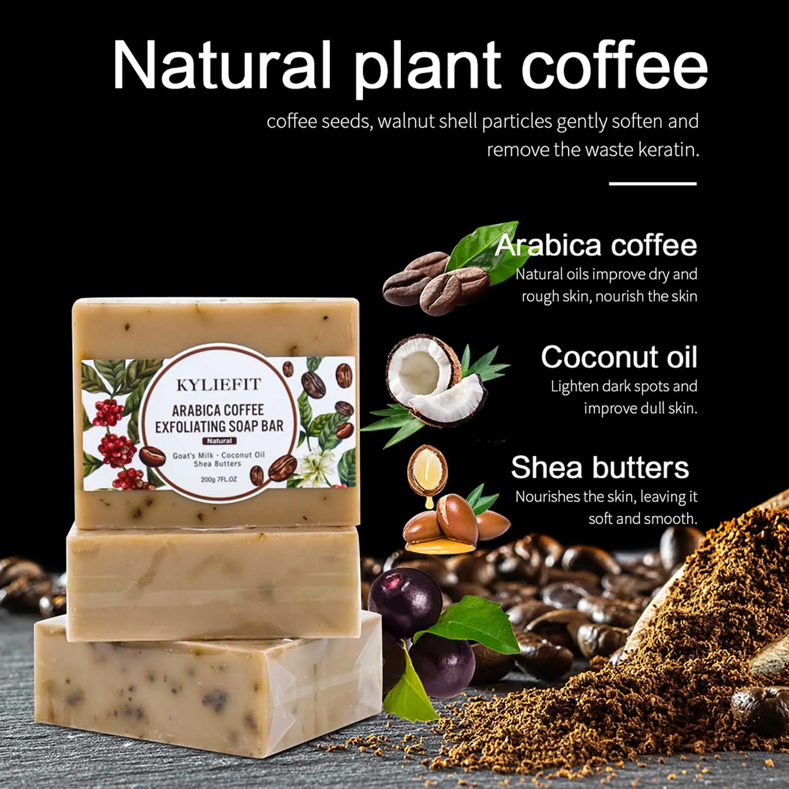 KYLIEFIT Arabica Coffee Exfoliating Soap, Whitening, Reduce Spots, Smooth Skin, With Coconut Oil, Shea Butter, for Face, Body