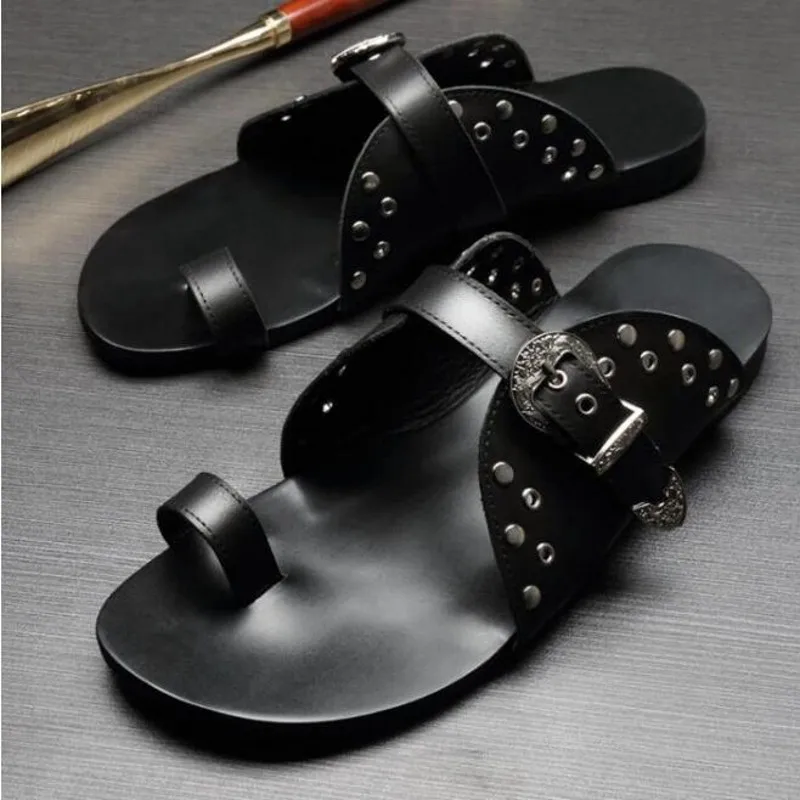 

Studs Buckle Sandals for men Black Flat heel Genuine Leather Soft Flip Flops Beach Summer Slides Shoes