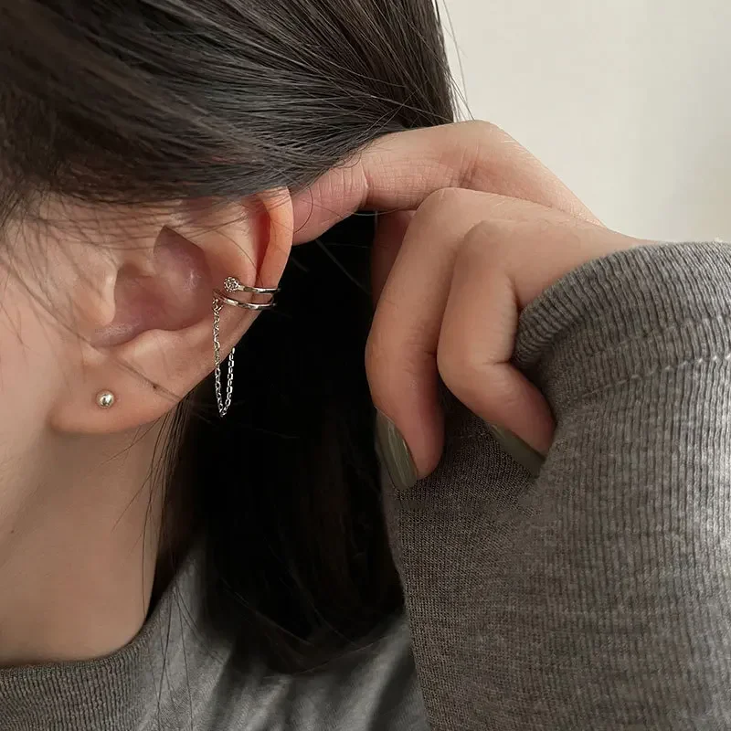 Ear Clip Earrings 1 Pcs Double Layers Crystal Tassel Earcuff Fake Piercing Ear Cuff Clip on Earrings for Women Jewelry