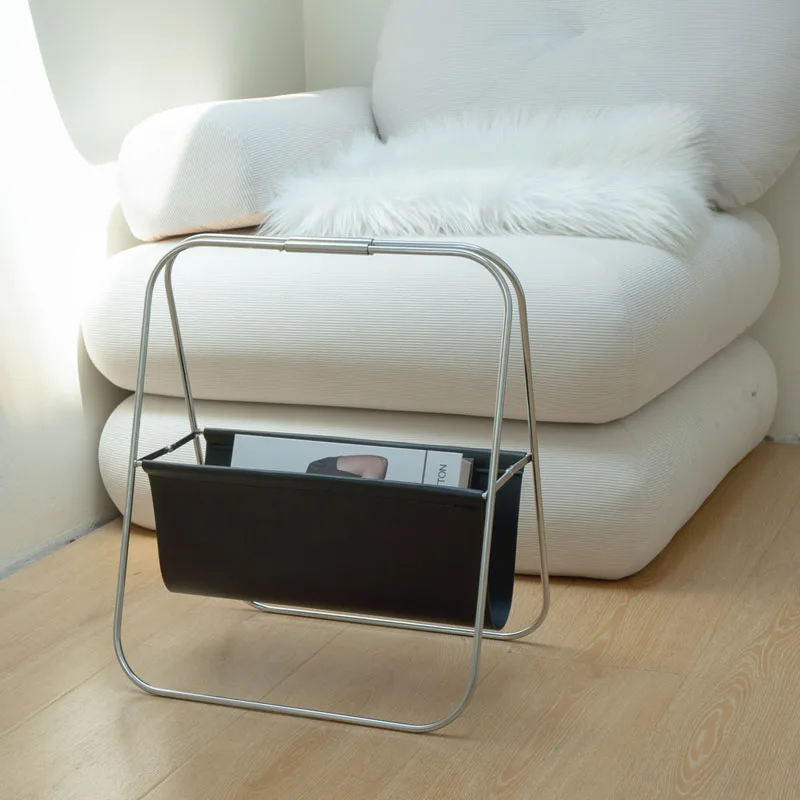 Nordic Vintage Metal Leather Magazine Rack MidCentury Foldable Newspaper Holder Floor Standing Book Storage Shelf Furniture FYMR